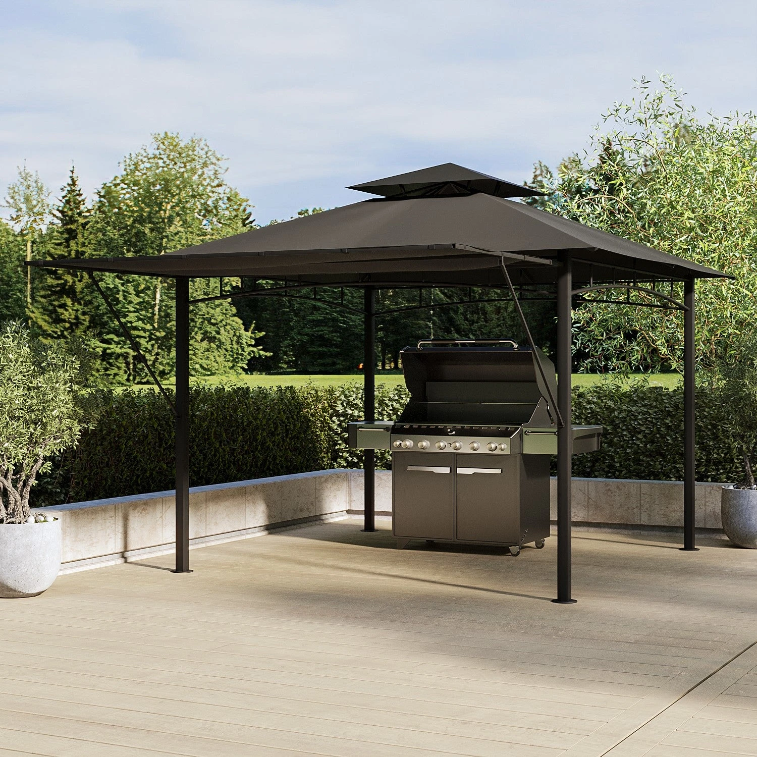 Fortrose 3x3m Black Metal BBQ Shelter Gazebo With Grey Canopy Roof And Retractable Side 2 Fortrose 3x3m Black Metal BBQ Shelter Gazebo With Grey Canopy Roof And Retractable Side - Image 2