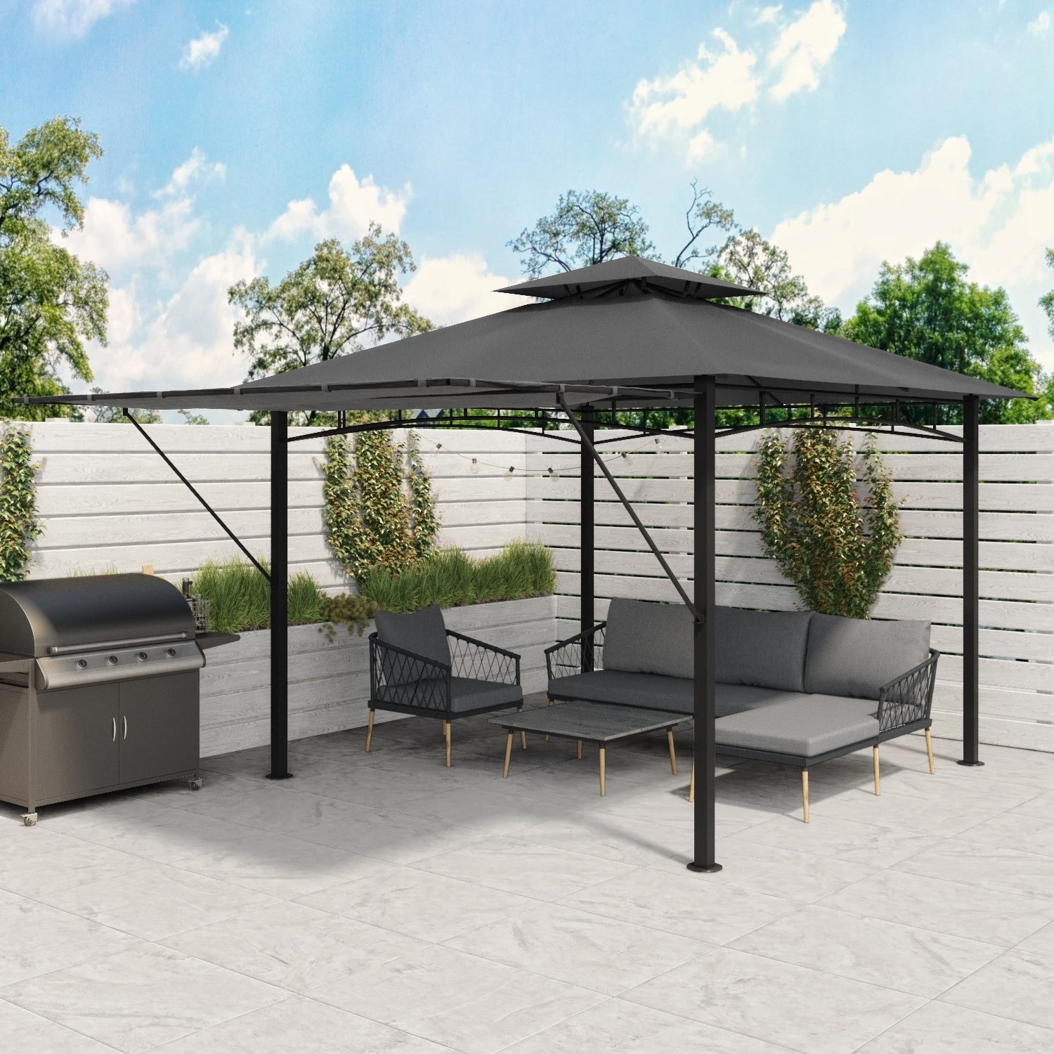 Fortrose 3x3m Black Metal BBQ Shelter Gazebo With Grey Canopy Roof And Retractable Side 3 Fortrose 3x3m Black Metal BBQ Shelter Gazebo With Grey Canopy Roof And Retractable Side - Image 3