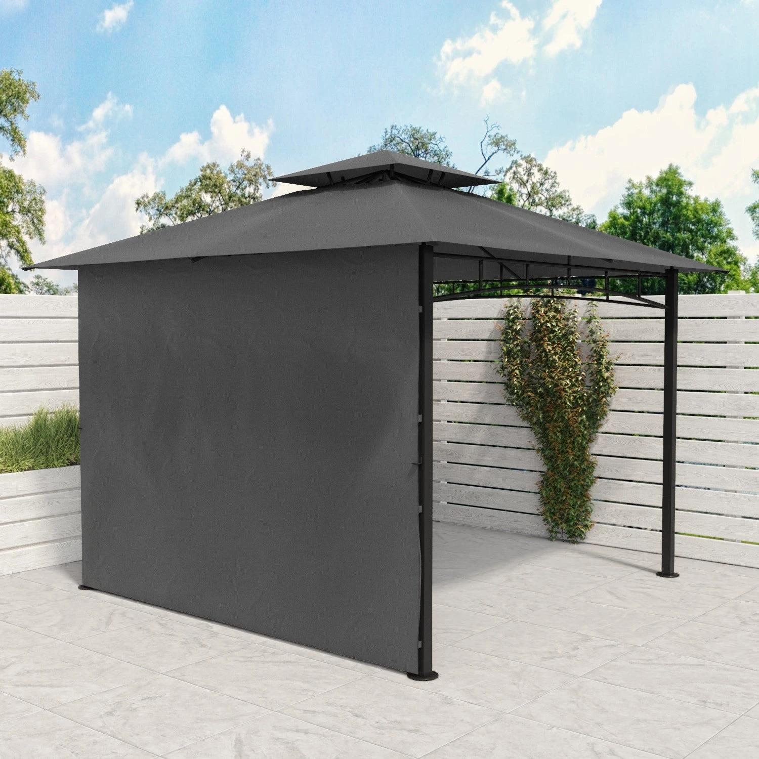 Fortrose 3x3m Black Metal BBQ Shelter Gazebo With Grey Canopy Roof And Retractable Side 4 Fortrose 3x3m Black Metal BBQ Shelter Gazebo With Grey Canopy Roof And Retractable Side - Image 4