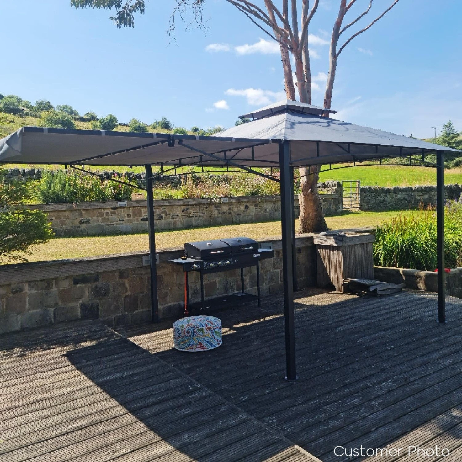 Fortrose 3x3m Black Metal BBQ Shelter Gazebo With Grey Canopy Roof And Retractable Side 9 Fortrose 3x3m Black Metal BBQ Shelter Gazebo With Grey Canopy Roof And Retractable Side - Image 9