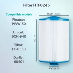 HTF0245/PWW50 50sq Ft Hot Tub Filter - Jacuzzi Lodge S & L, Paradise, Retreat, Look, Mist & Haze -Swim Spa Store Model compatibility dims HTF0245